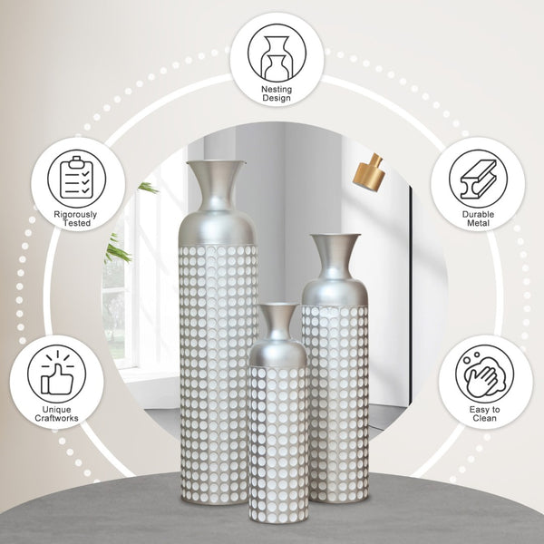 English Elm 3 Piece Silver Embossed Metal Floor Vase Set Graduated Architectural Decor Statement W2796P464210