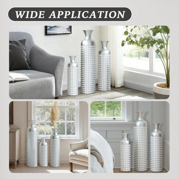 English Elm 3 Piece Silver Embossed Metal Floor Vase Set Graduated Architectural Decor Statement W2796P464210