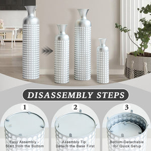 English Elm 3 Piece Silver Embossed Metal Floor Vase Set Graduated Architectural Decor Statement W2796P464210