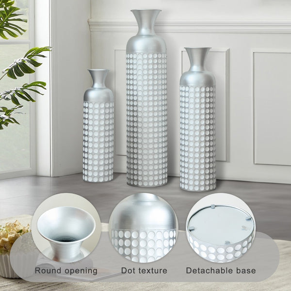 English Elm 3 Piece Silver Embossed Metal Floor Vase Set Graduated Architectural Decor Statement W2796P464210