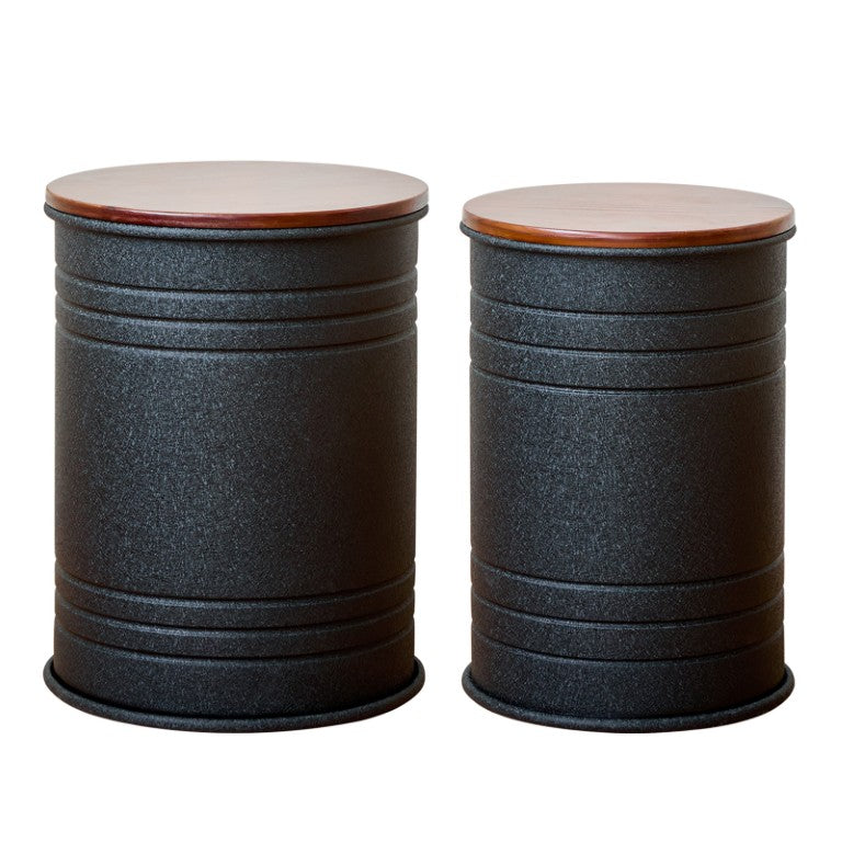 English Elm 2-Piece Industrial Barrel Stool Set Powder-Coated Steel with Solid Wood Lid Storage W2796P515153