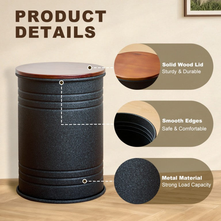 English Elm 2-Piece Industrial Barrel Stool Set Powder-Coated Steel with Solid Wood Lid Storage W2796P515153