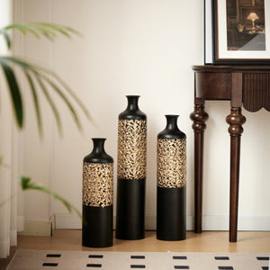 English Elm 3-piece Handcrafted Metal Floor Vase Set Matte Black Gold Lattice Glam Living Room Decor W2796P533958