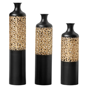 English Elm 3-piece Handcrafted Metal Floor Vase Set Matte Black Gold Lattice Glam Living Room Decor W2796P533958