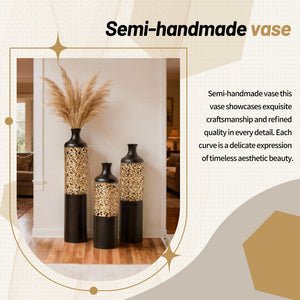 English Elm 3-piece Handcrafted Metal Floor Vase Set Matte Black Gold Lattice Glam Living Room Decor W2796P533958