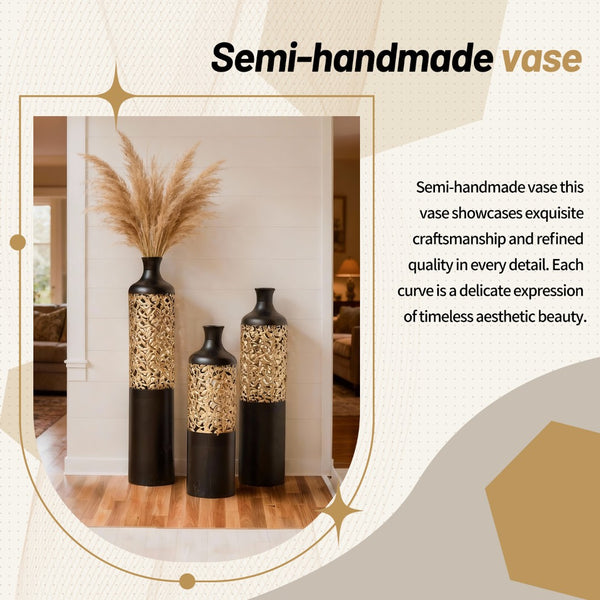 English Elm 3-piece Handcrafted Metal Floor Vase Set Matte Black Gold Lattice Glam Living Room Decor W2796P533958