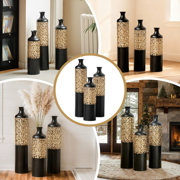 English Elm 3-piece Handcrafted Metal Floor Vase Set Matte Black Gold Lattice Glam Living Room Decor W2796P533958