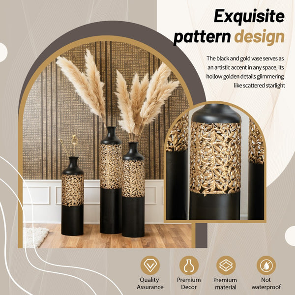 English Elm 3-piece Handcrafted Metal Floor Vase Set Matte Black Gold Lattice Glam Living Room Decor W2796P533958
