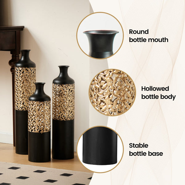 English Elm 3-piece Handcrafted Metal Floor Vase Set Matte Black Gold Lattice Glam Living Room Decor W2796P533958