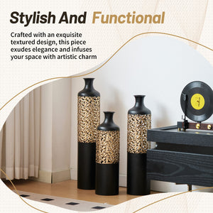 English Elm 3-piece Handcrafted Metal Floor Vase Set Matte Black Gold Lattice Glam Living Room Decor W2796P533958