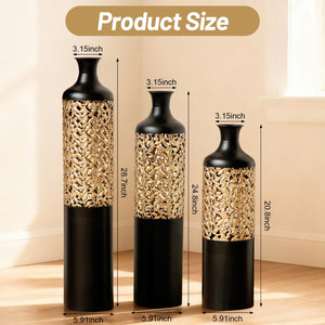 English Elm 3-piece Handcrafted Metal Floor Vase Set Matte Black Gold Lattice Glam Living Room Decor W2796P533958