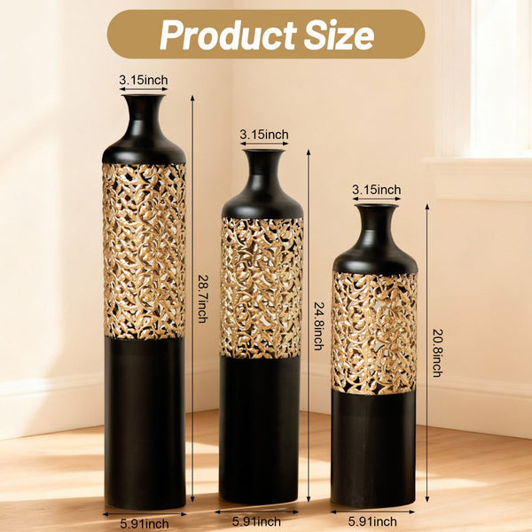 English Elm 3-piece Handcrafted Metal Floor Vase Set Matte Black Gold Lattice Glam Living Room Decor W2796P533958