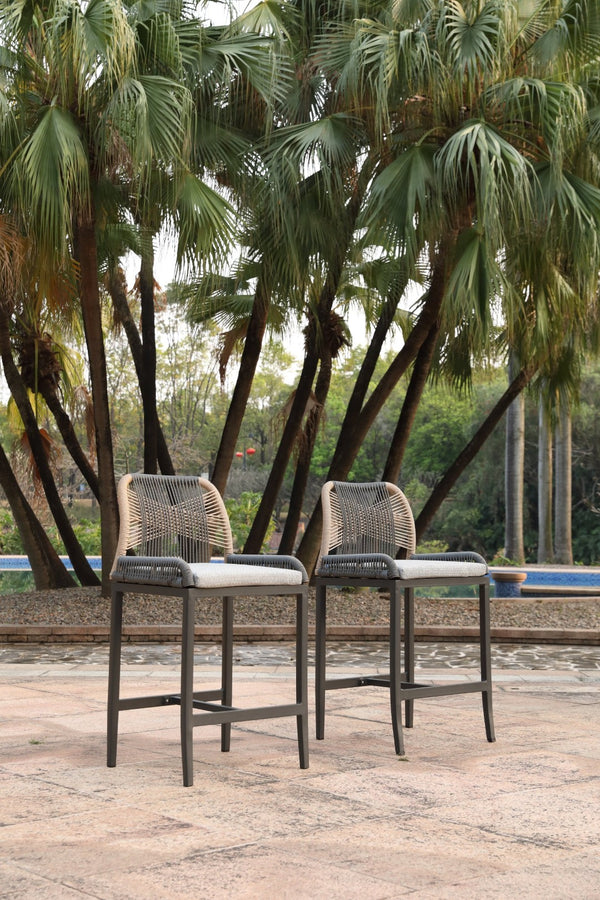 English Elm Counter Height Barstools Set of 2 Woven Rope Coastal Outdoor Kitchen Seating Dark Gray Frame / Grayish White Cushion W2803P446562