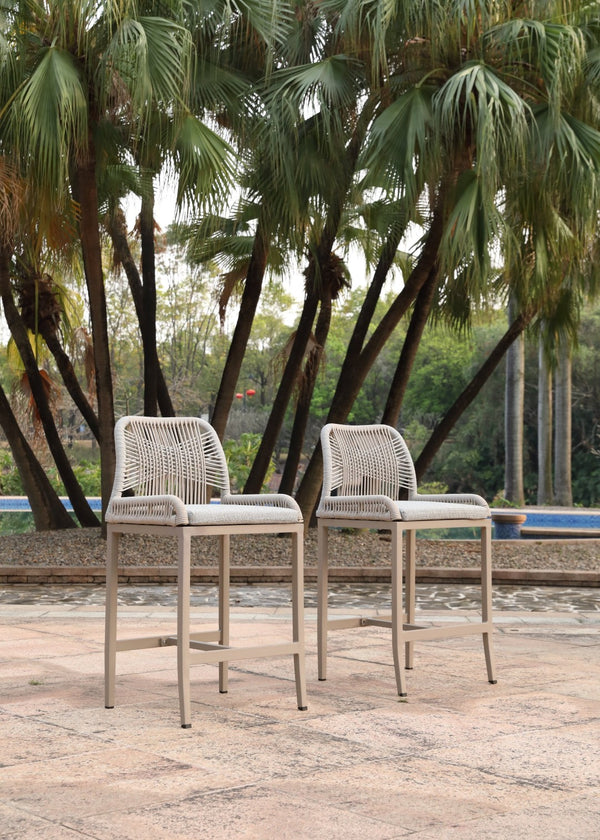 English Elm Counter Height Barstools Set of 2 Woven Rope Coastal Outdoor Kitchen Seating Champagne Frame / Gray Cushion W2803P446563