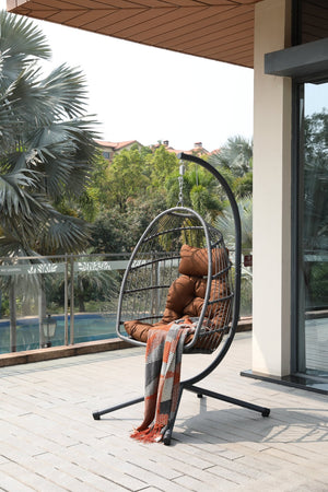 English Elm Egg Chair with Stand Outdoor Wicker Foldable Hanging Basket Seat Patio Lounge W2803P446570