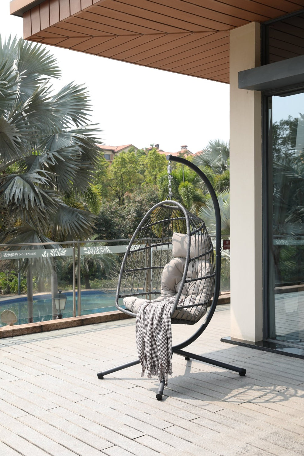 English Elm Egg Chair with Stand Outdoor Wicker Foldable Hanging Basket Seat Patio Lounge Ivory W2803P446571