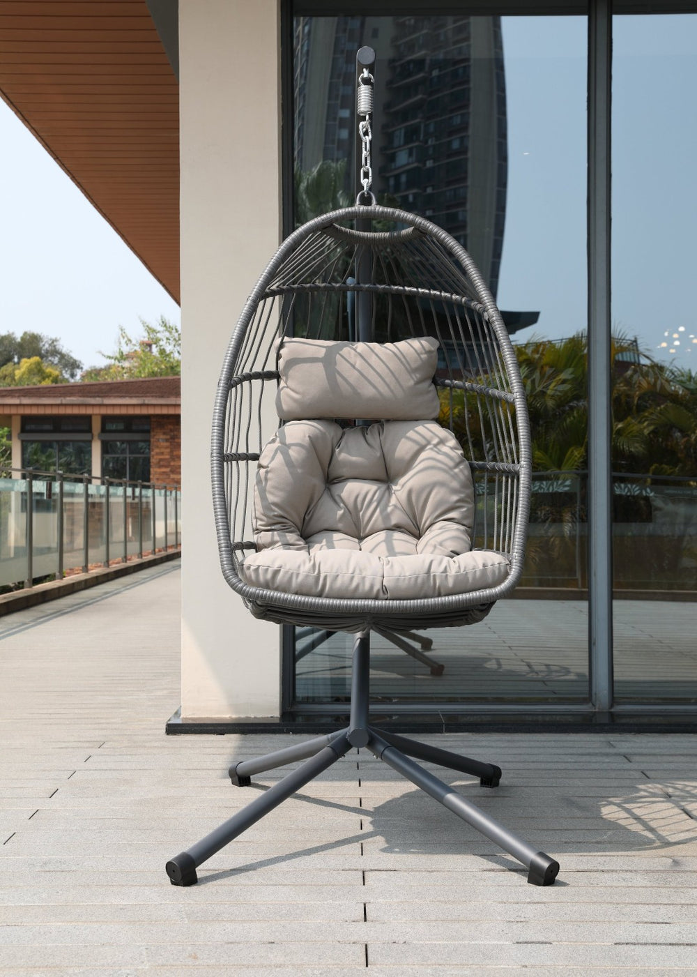 English Elm Egg Chair with Stand Outdoor Wicker Foldable Hanging Basket Seat Patio Lounge Ivory W2803P446571