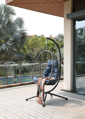 English Elm Egg Chair with Stand Outdoor Wicker Foldable Hanging Basket Seat Patio Lounge Blue W2803P446594