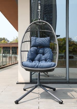 English Elm Egg Chair with Stand Outdoor Wicker Foldable Hanging Basket Seat Patio Lounge Blue W2803P446594