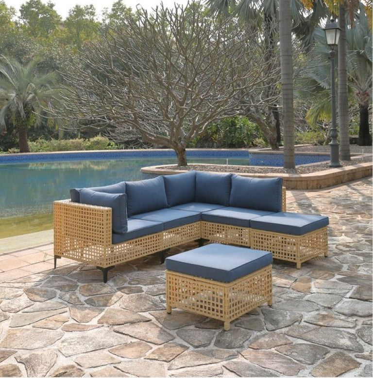 English Elm 6-Piece Outdoor PE Rattan Modular Sectional with Navy Cushions for Patio Resort Living W2803P466547