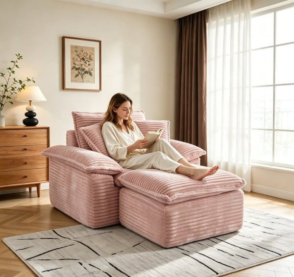 English Elm 47 Inch Oversized Chair and a Half Teddy Fleece Deep Seat Cloud Lounger with Ottoman Pink W2817P546503