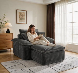 English Elm 47 Inch Oversized Chair and a Half Teddy Fleece Deep Seat Cloud Lounger with Ottoman Grey W2817P546505