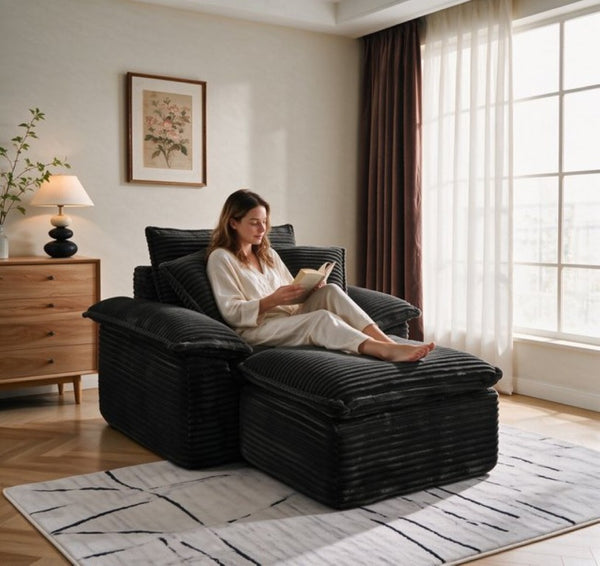 English Elm 47 Inch Oversized Chair and a Half Teddy Fleece Deep Seat Cloud Lounger with Ottoman Black W2817P546506