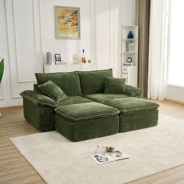 English Elm 81" Corduroy Modular Sectional with Movable Ottoman Deep Cushions for Living Room Green W2817S00010