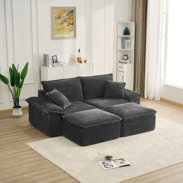 English Elm 81" Corduroy Modular Sectional with Movable Ottoman Deep Cushions for Living Room Black W2817S00020