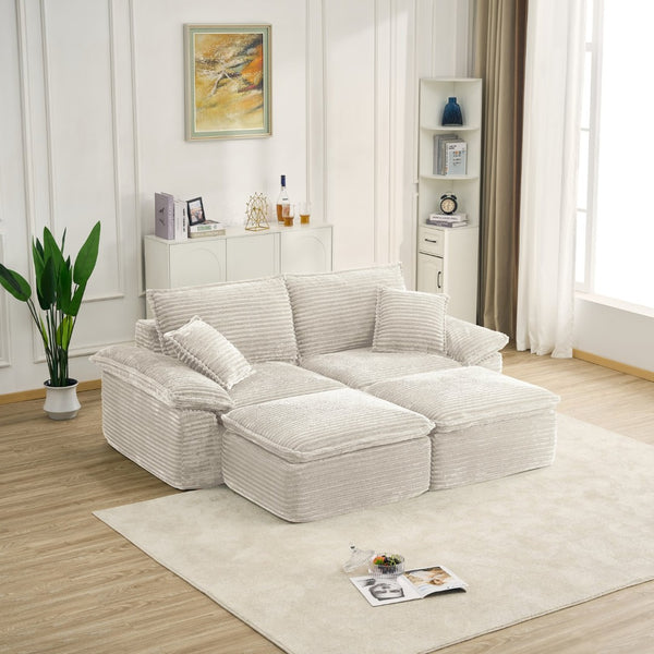 English Elm 81" Corduroy Modular Sectional with Movable Ottoman Deep Cushions for Living Room Beige W2817S00021