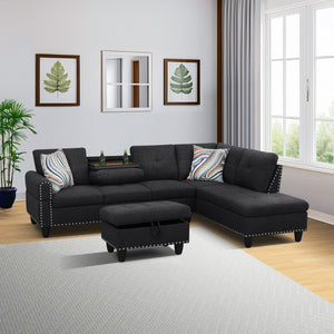 English Elm L Shaped Faux Leather Sectional Sofa with Cup Holders Tufted Nailhead Living Room Black Right W2817S00023