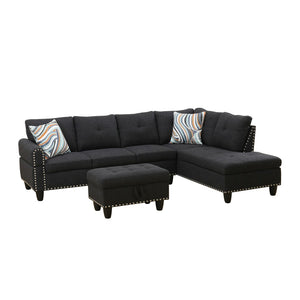 English Elm L Shaped Faux Leather Sectional Sofa with Cup Holders Tufted Nailhead Living Room Black Right W2817S00023