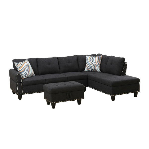 English Elm L Shaped Faux Leather Sectional Sofa with Cup Holders Tufted Nailhead Living Room Black Right W2817S00023