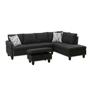 English Elm L Shaped Faux Leather Sectional Sofa with Cup Holders Tufted Nailhead Living Room Black Right W2817S00023