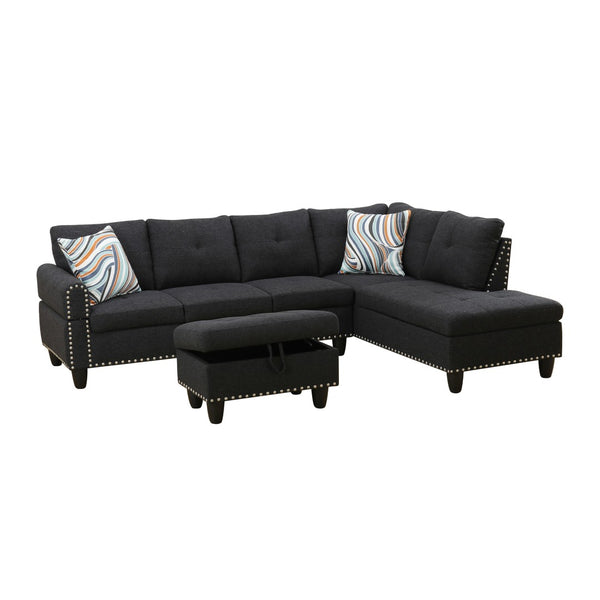 English Elm L Shaped Faux Leather Sectional Sofa with Cup Holders Tufted Nailhead Living Room Black Right W2817S00023
