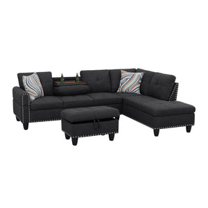 English Elm L Shaped Faux Leather Sectional Sofa with Cup Holders Tufted Nailhead Living Room Black Right W2817S00023