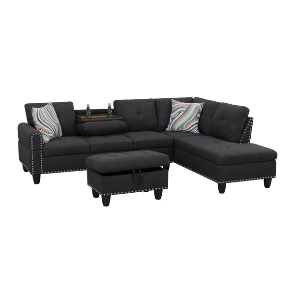 English Elm L Shaped Faux Leather Sectional Sofa with Cup Holders Tufted Nailhead Living Room Black Right W2817S00023