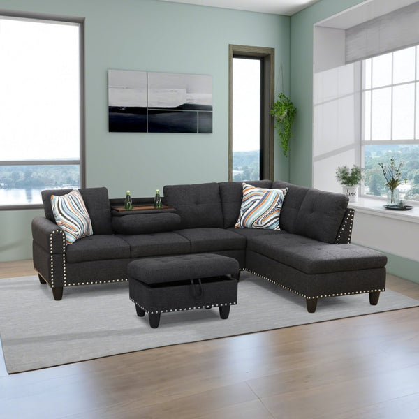 English Elm L Shaped Faux Leather Sectional Sofa with Cup Holders Tufted Nailhead Living Room Black Right W2817S00023