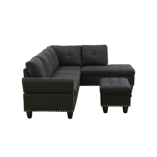 English Elm L Shaped Faux Leather Sectional Sofa with Cup Holders Tufted Nailhead Living Room Black Right W2817S00023