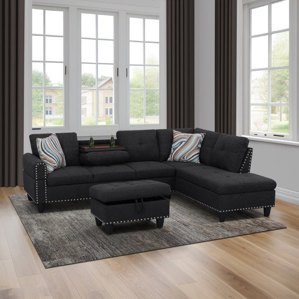 English Elm L Shaped Faux Leather Sectional Sofa with Cup Holders Tufted Nailhead Living Room Black Right W2817S00023
