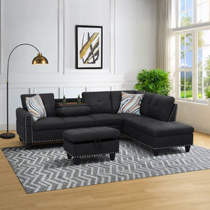 English Elm L Shaped Faux Leather Sectional Sofa with Cup Holders Tufted Nailhead Living Room Black Right W2817S00023