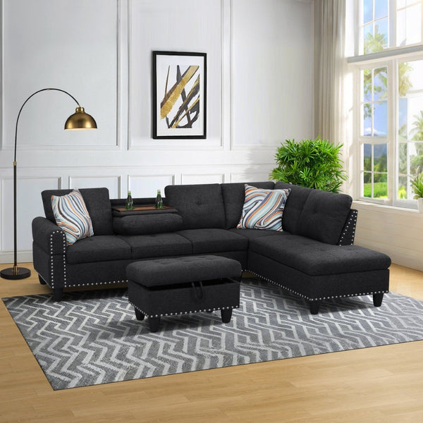 English Elm L Shaped Faux Leather Sectional Sofa with Cup Holders Tufted Nailhead Living Room Black Right W2817S00023