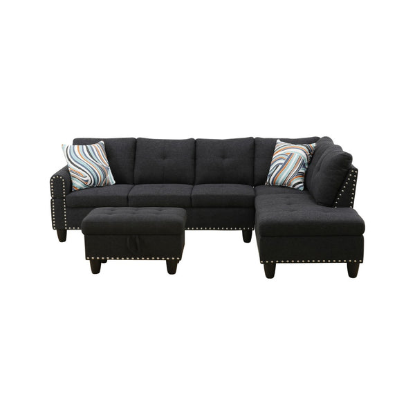 English Elm L Shaped Faux Leather Sectional Sofa with Cup Holders Tufted Nailhead Living Room Black Right W2817S00023