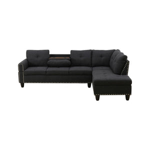 English Elm L Shaped Faux Leather Sectional Sofa with Cup Holders Tufted Nailhead Living Room Black Right W2817S00023
