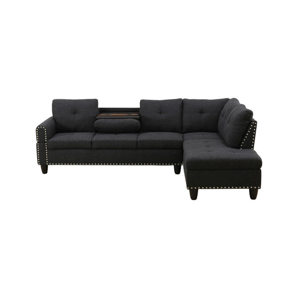 English Elm L Shaped Faux Leather Sectional Sofa with Cup Holders Tufted Nailhead Living Room Black Right W2817S00023