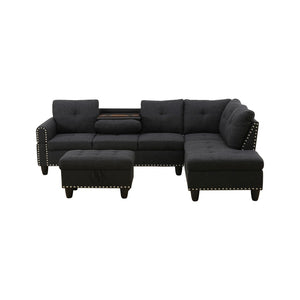 English Elm L Shaped Faux Leather Sectional Sofa with Cup Holders Tufted Nailhead Living Room Black Right W2817S00023