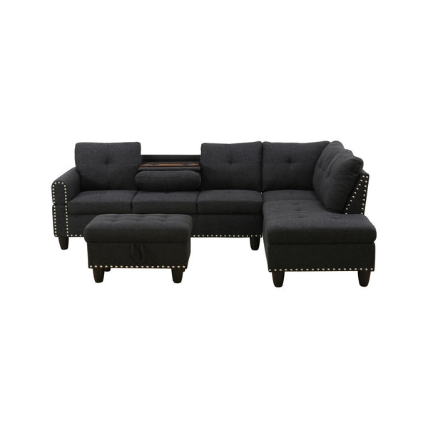 English Elm L Shaped Faux Leather Sectional Sofa with Cup Holders Tufted Nailhead Living Room Black Right W2817S00023