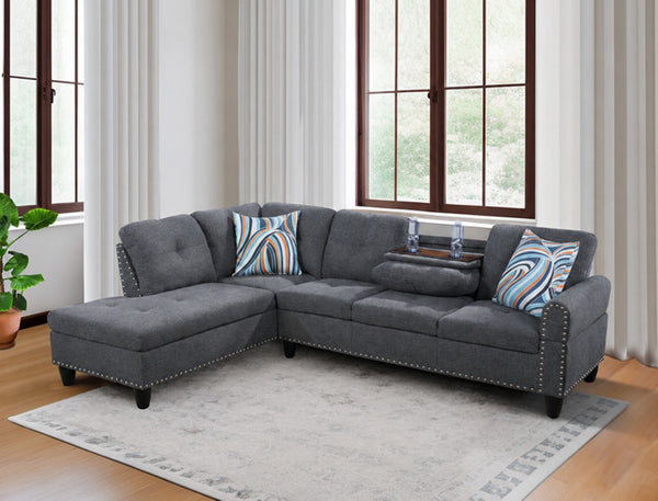 English Elm L Shaped Faux Leather Sectional Sofa with Cup Holders Nailhead Trim and Storage Ottoman Dark Gray Left W2817S00024