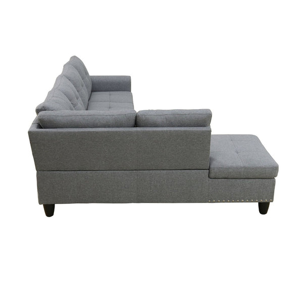 English Elm L Shaped Faux Leather Sectional Sofa with Cup Holders Nailhead Trim and Storage Ottoman Dark Gray Left W2817S00024
