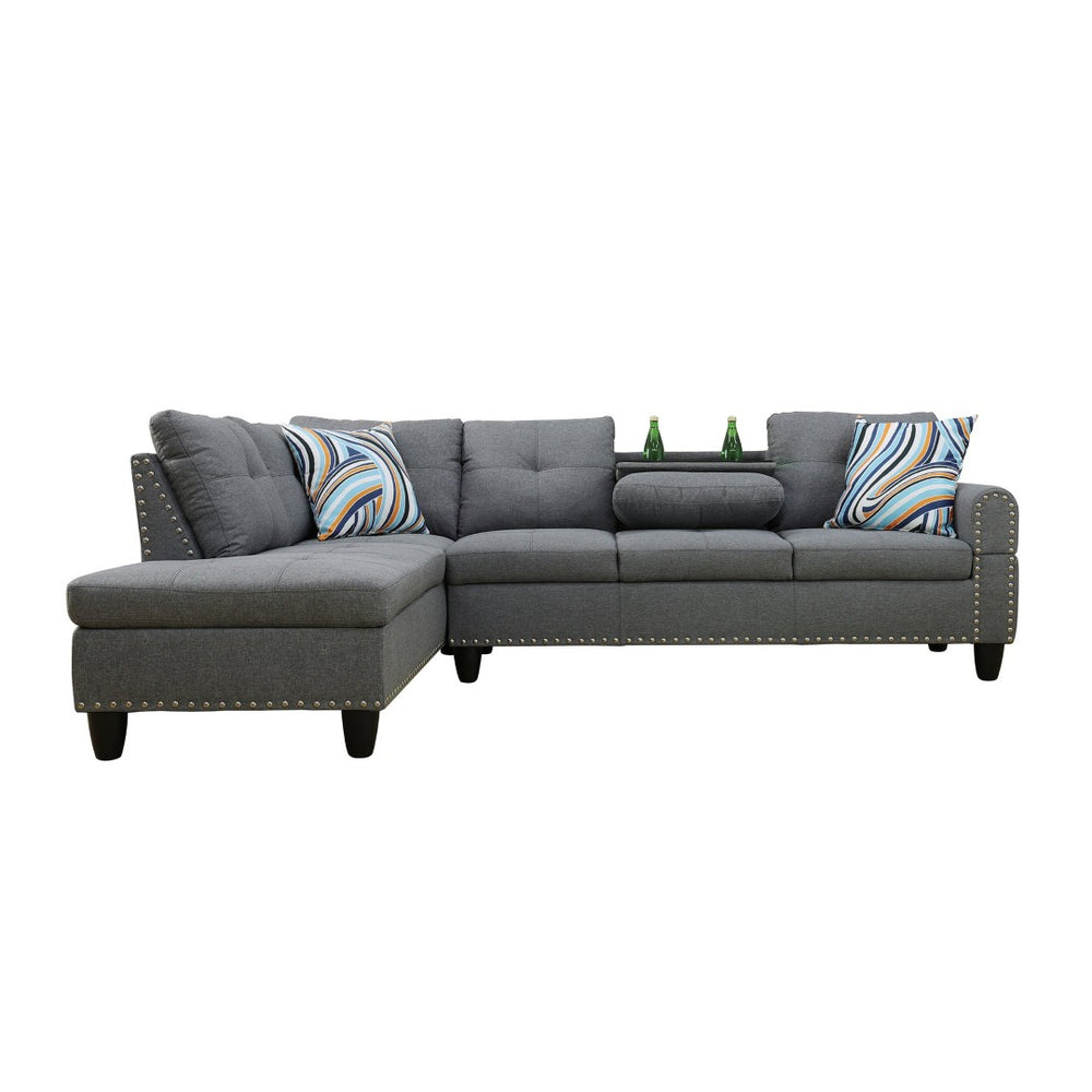 English Elm L Shaped Faux Leather Sectional Sofa with Cup Holders Nailhead Trim and Storage Ottoman Dark Gray Left W2817S00024